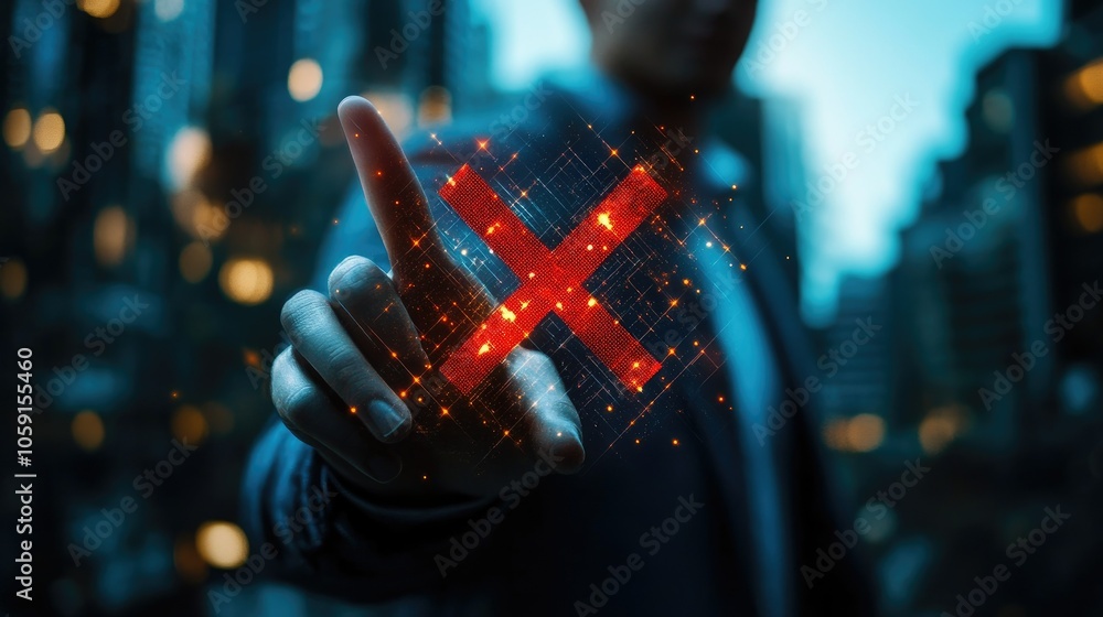 Poster businessperson with red x in hand, holographic overlay showing fail mark in audit theme