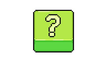 Interactive green button in pixel art style with a bold question mark at the center, slowly fading as it's pressed, for retro gaming fans, classic arcade aesthetics, and vintage game inspired design