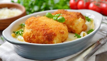 Fototapeta premium Golden-brown baked Chicken Cordon Bleu in a white dish, filled with melted cheese and savory ham, topped with a crispy breadcrumb crust. The dish is presented fresh from the oven, creating a warm 