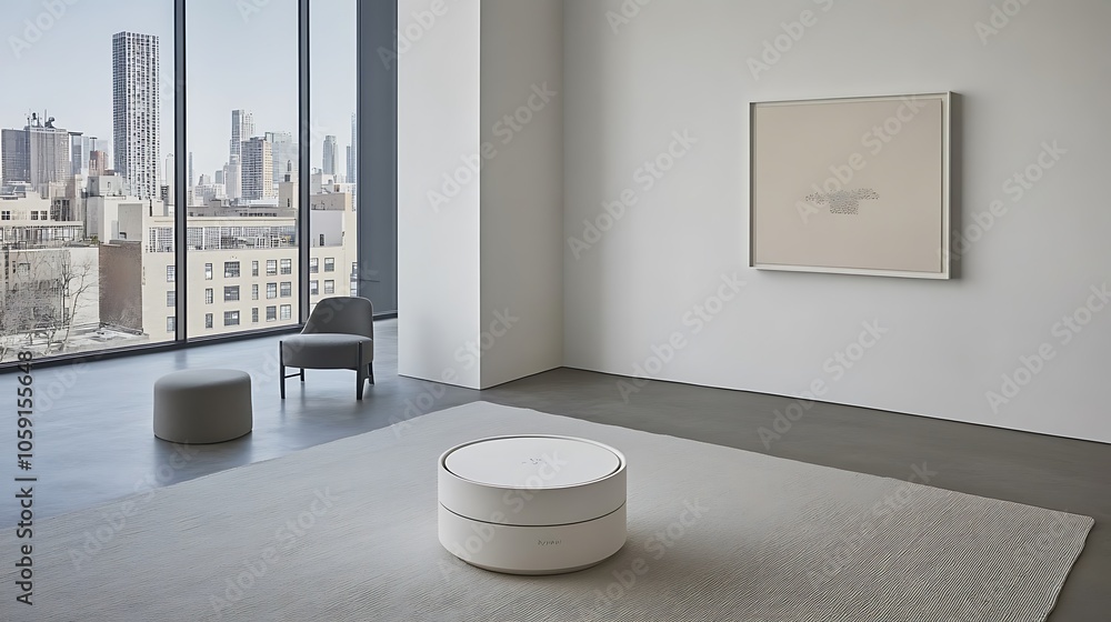 Poster modern interior design with a city view subtle blur background with space for custom text