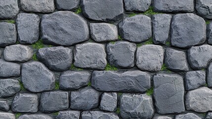 Obraz premium Close-up of a rustic stone wall with patches of green grass peeking between the grey stones.