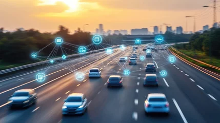 Tableau sur plexiglas Véhicules Smart City Traffic Management with IoT: Connected Vehicles on a Busy Highway at Sunset  © kvladimirv