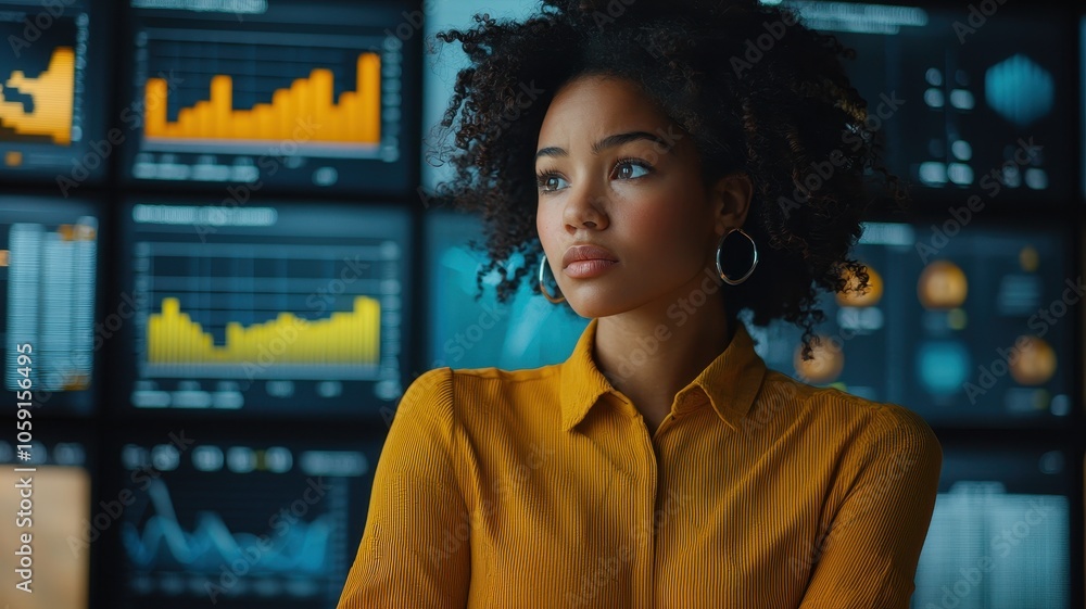 Poster a thoughtful woman in a yellow blouse stands in front of data visualizations, reflecting on analytic