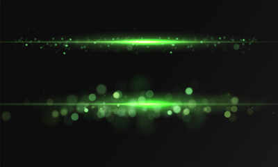 Green line light effect. Golden glowing neon lines. The green glow of dust and glare. Flash of light. gold dust bokeh. Gold confetti shimmers on a dark background.	