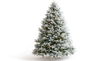 Beautiful Christmas tree with frosty branches and twinkling lights, decorated in holiday style on a plain white background
