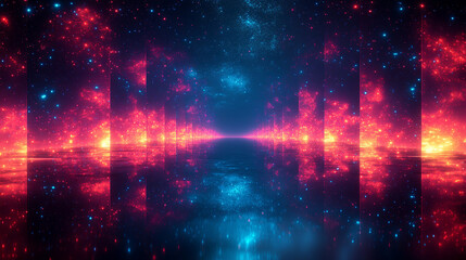 Fototapeta premium Dynamic neon lights streak across a star-filled, hyperspace-like background, symbolizing speed, limitless exploration, and futuristic travel through time and space.