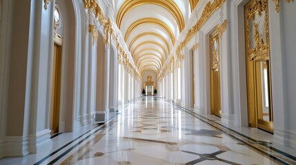 A grand hallway adorned with golden detailing and elegant columns, featuring a marble floor that reflects the opulent architecture.