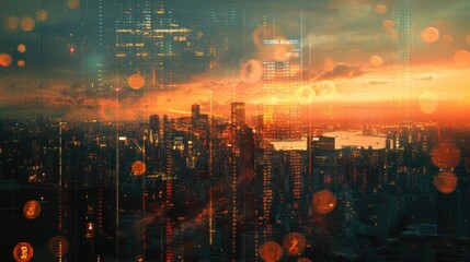 Obraz premium Coins and digital stock data layered over city skyline, double exposure investment scene
