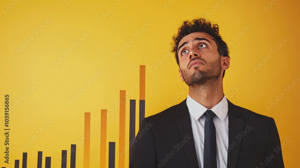 Poster confused man in business attire viewing sales graph showing decline, sad and contemplative