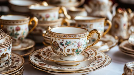 Fototapeta premium A luxurious display of ornate china featuring intricate floral designs and gold accents, arranged neatly on a white surface for an elegant look.