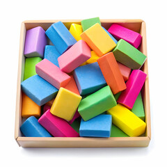 Different colors of erasers in box on white isolated