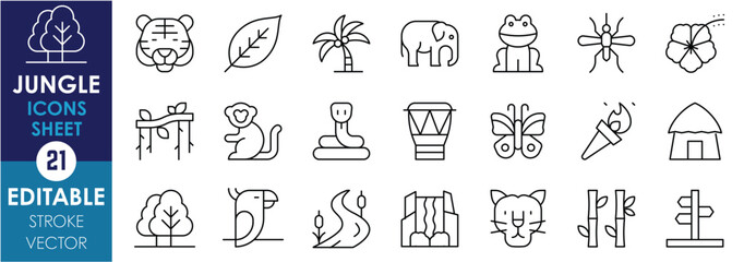 A set of line icons related to Jungle. Tiger, trees, frogs, snakes, vine, river, waterfall, bamboo, hut, tribes, and so on. Vector editable stroke.