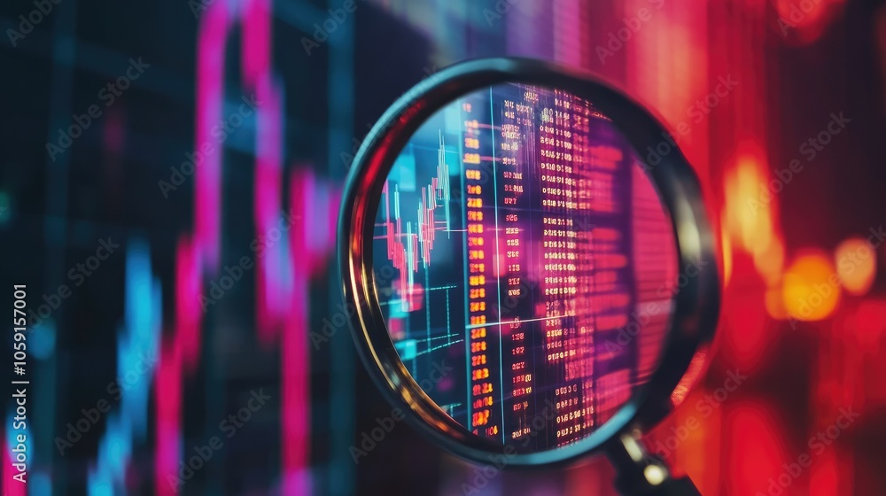 Poster data chart under magnifying glass, analyzing market trends and performance metrics