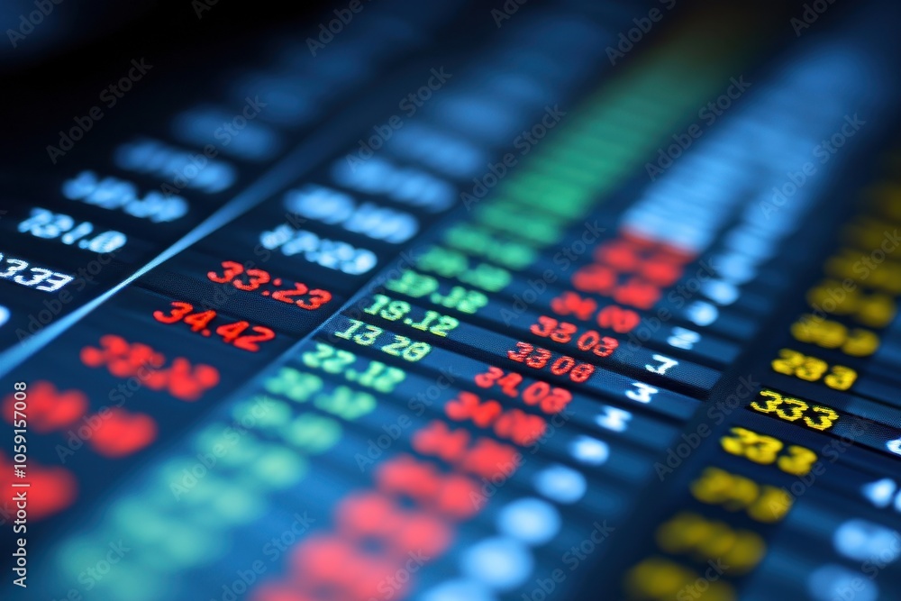 Poster a digital display showcasing stock prices with red and green indicators representing fluctuations in
