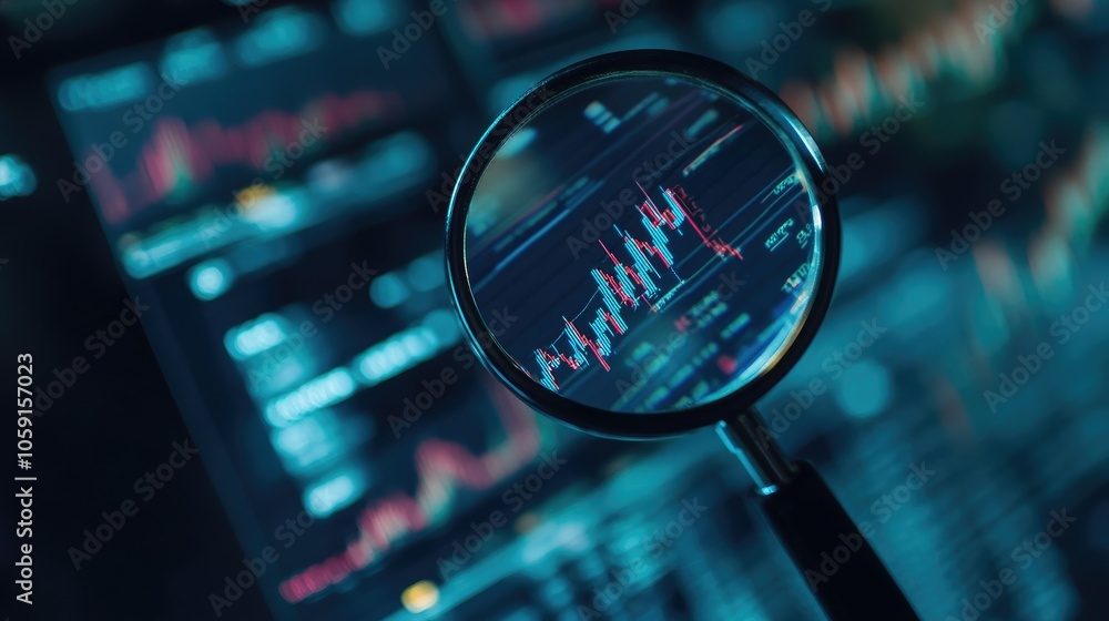 Poster Data chart under magnifying glass, analyzing market trends and performance metrics