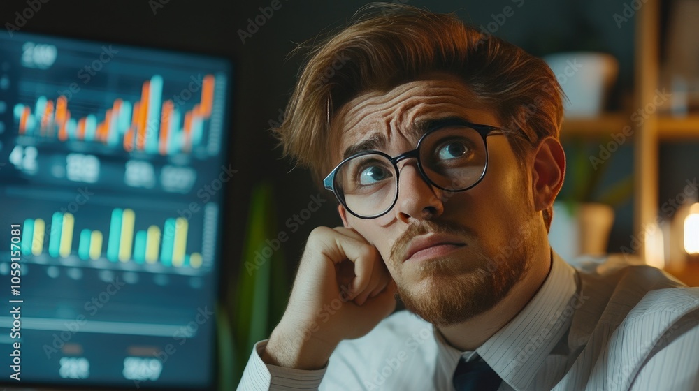 Poster Declining sales chart on screen, businessman with confused look, analyzing performance drop