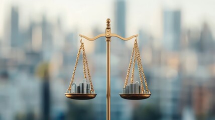 A golden scale symbolizes justice, balance, and law against an out-of-focus city backdrop, emphasizing the importance of fairness in society.