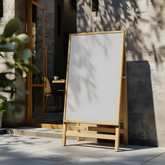 Blank advertising menu board mockup on the wooden stand at the sidewalk cafe
