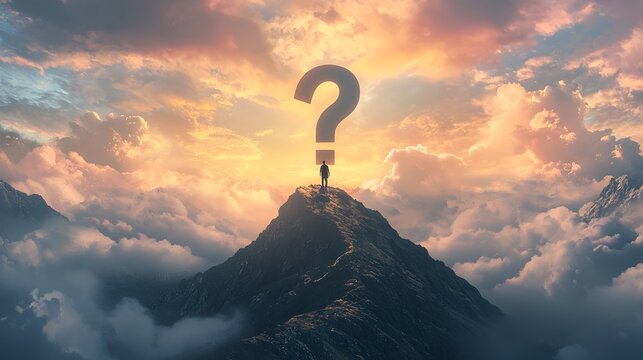 Person Standing on Mountain Peak with Question Mark in Dramatic Sky Uncertainty of Life s Journey and Future Concept - Powered by Adobe