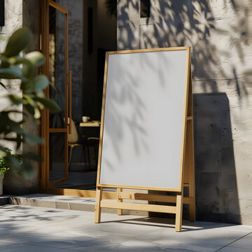 Blank advertising menu board mockup on the wooden stand at the sidewalk cafe