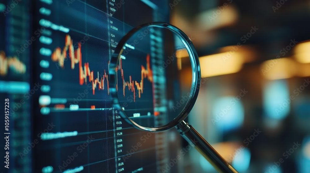 Poster detailed financial chart viewed under magnifying glass, showing essential data for insights