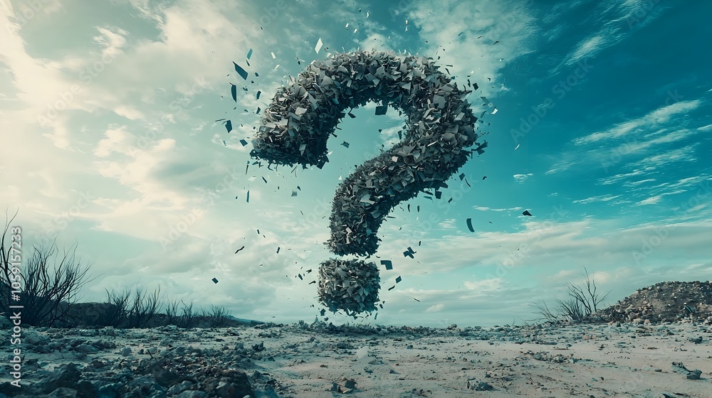 Poster tattered paper question mark blown by the wind representing life s unpredictability