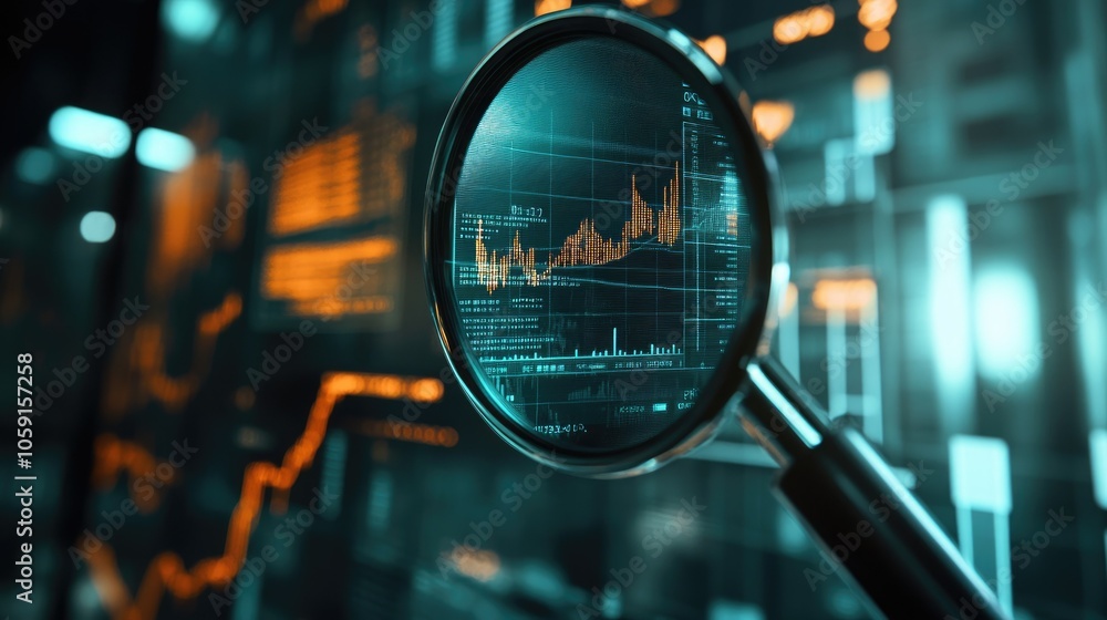 Poster detailed financial chart viewed under magnifying glass, showing essential data for insights