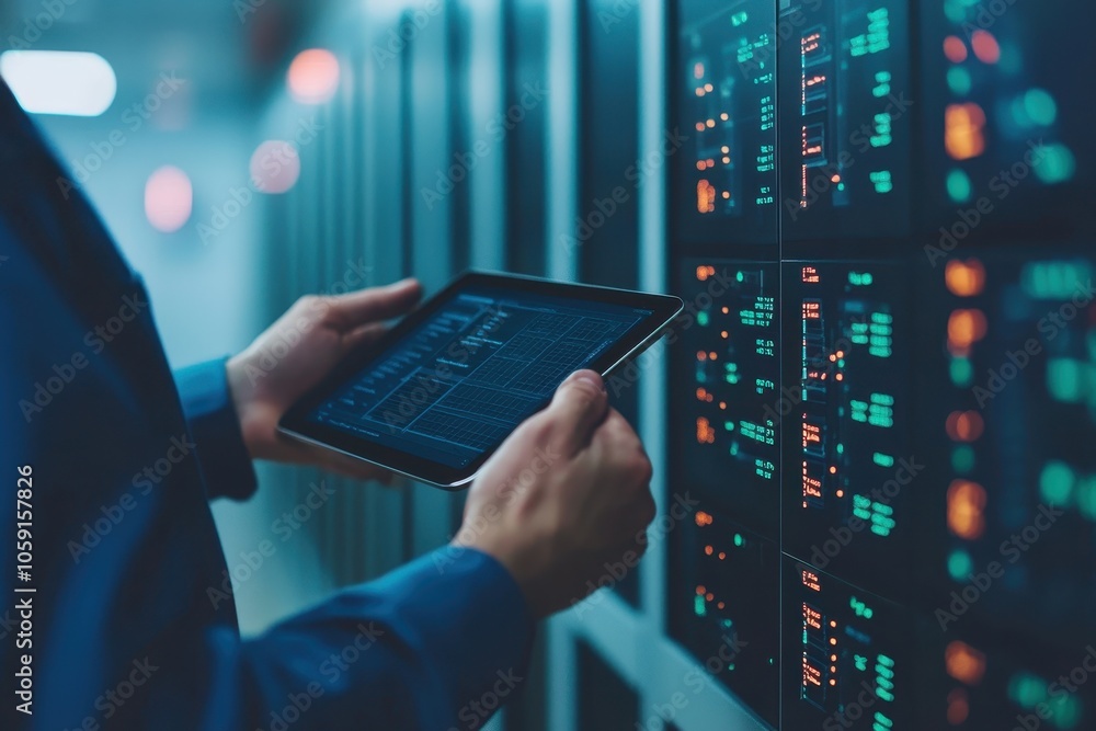 Poster a person using a tablet in a data center, interacting with digital displays and server hardware, emp