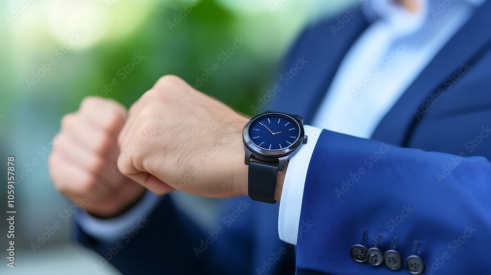 Poster businessman checking time minimalist white background with space for text