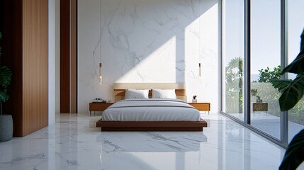 A modern, minimalist bedroom with a spacious layout, featuring a large bed, elegant furnishings, and abundant natural light from floor-to-ceiling windows.