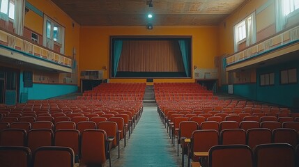 Naklejka premium Vintage Theater Interior with Empty Seats and Retro Ambiance