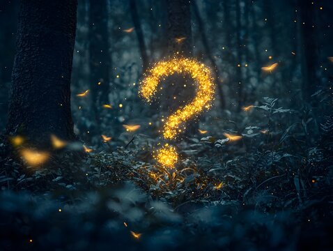 Fireflies in a Dark Forest Forming a Glowing Question Mark Symbolizing Life s Mysteries and Fleeting Moments