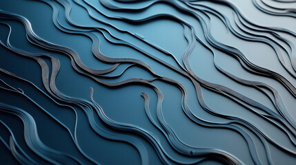 Obraz premium Abstract blue waves layered texture with curved lines creating a three-dimensional effect on a surface, featuring dark and light tones for visual depth.