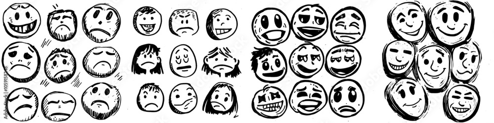 Poster animated doodle emoticons with different expressions of anger, joy, and sadness. modern sketch faces
