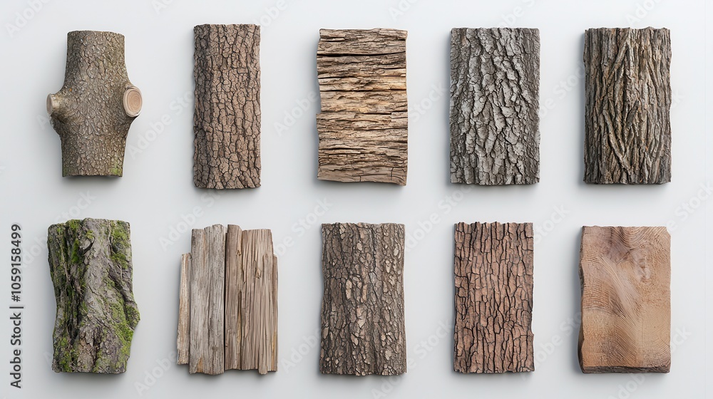 Poster various pieces of textured wood showcasing diverse patterns and colors, creating a natural and rusti