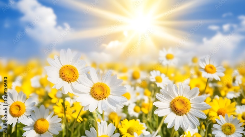 Aufkleber field of daisies in the sunlight subtle blur background with space for custom text