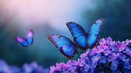 Vibrant blue butterflies landing on blooming purple flowers in a serene garden setting, creating a magical atmosphere.
