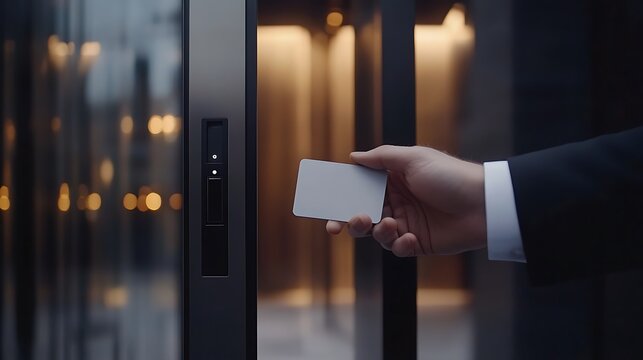 A person using a card to access an elevator in a modern building.