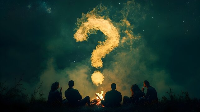 Contemplative Silhouettes Gather Under a Mystical Question Mark of Smoke
