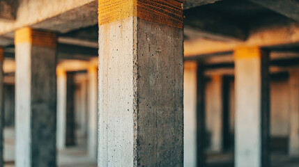 Reinforced concrete beams in industrial setting showcase structural strength and design. pillars stand tall, emphasizing durability and modern architecture - Powered by Adobe