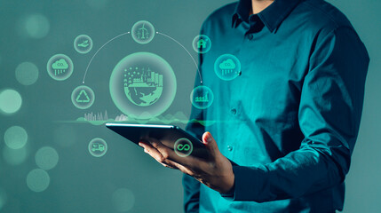 Reduce CO2 emissions Humans use software to reduce CO2 emissions to limit global warming and climate change for the environment, global warming, sustainable development and green business.