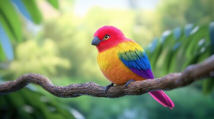 Obraz premium A vibrant, colorful bird with a rainbow of feathers perched on a branch in a lush, green environment.