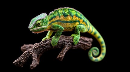 Fototapeta premium Colorful green lizard perched on a branch, showcasing its vibrant scales and striking features.