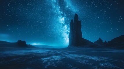 Fototapeta premium Night in the Xinjiang Desert: Majestic Mountains and Starry Galaxy