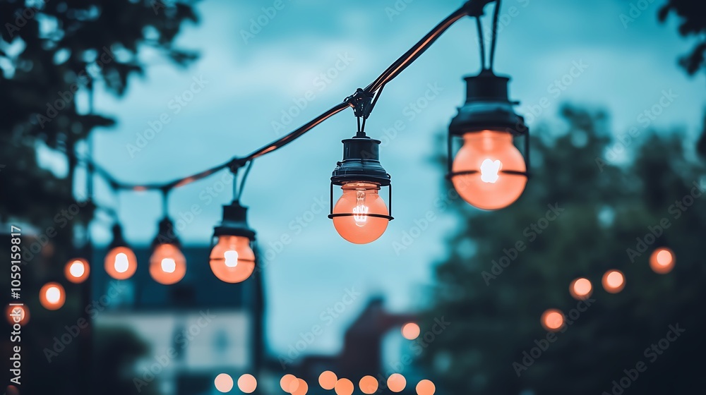 Poster string lights in evening smooth blue background with copy space for advertisements