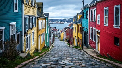 Naklejka premium A colorful street lined with houses leading down to the water, showcasing vibrant architecture and a scenic view.