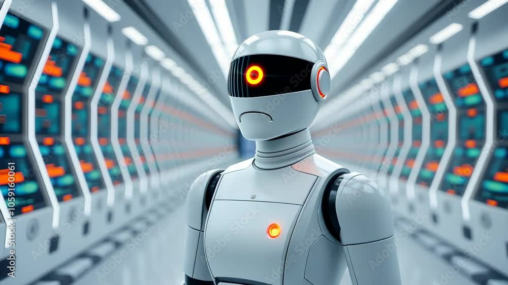 Poster futuristic ai robot in high-tech corridor with glowing eye in modern science fiction lab