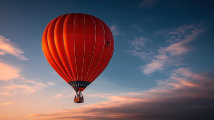 Fototapeta premium Large red hot air balloon floating in a clear sky during sunset with scattered clouds in the background.