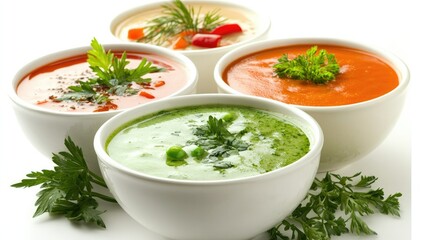 Creamy soups in green, orange, and red, arranged on white background, each with fresh garnish, for a healthy and colorful presentation
