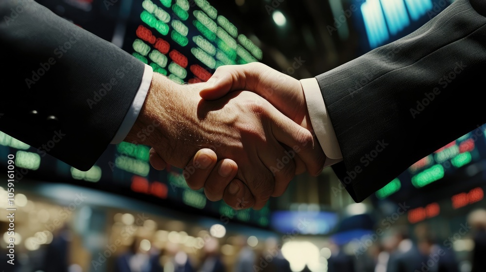 Poster professional handshake with finance and stock data in background, symbolizing success